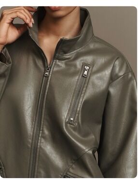 Anthropologie Faux Leather Relaxed Jacket Olive Green Zip Coat Medium NWOT